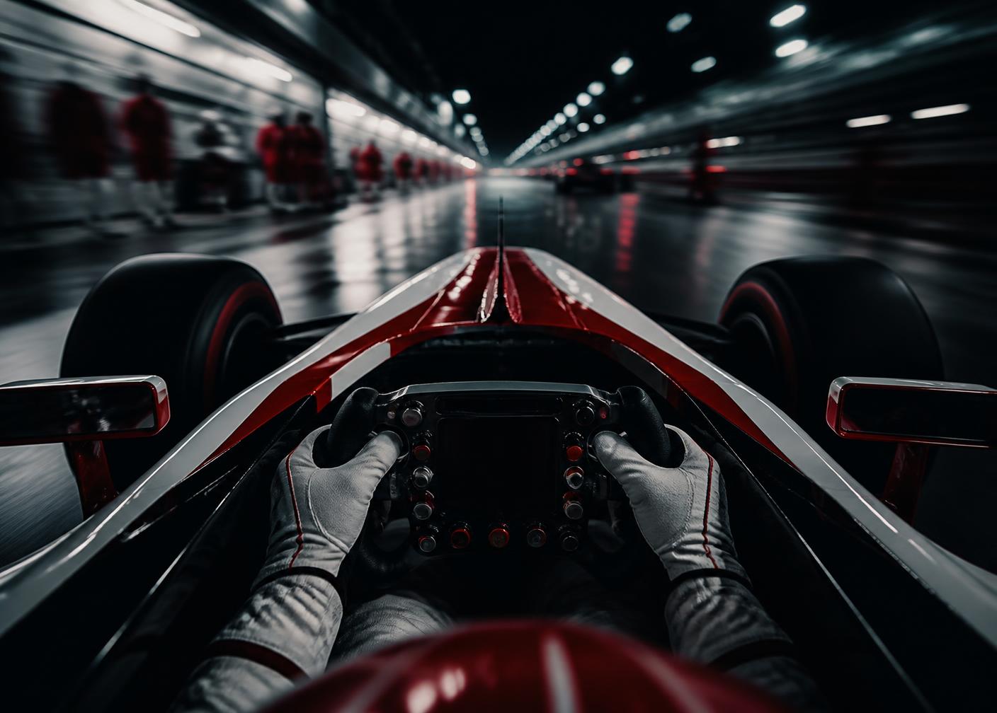 Formula racing car cockpit in a pit lane