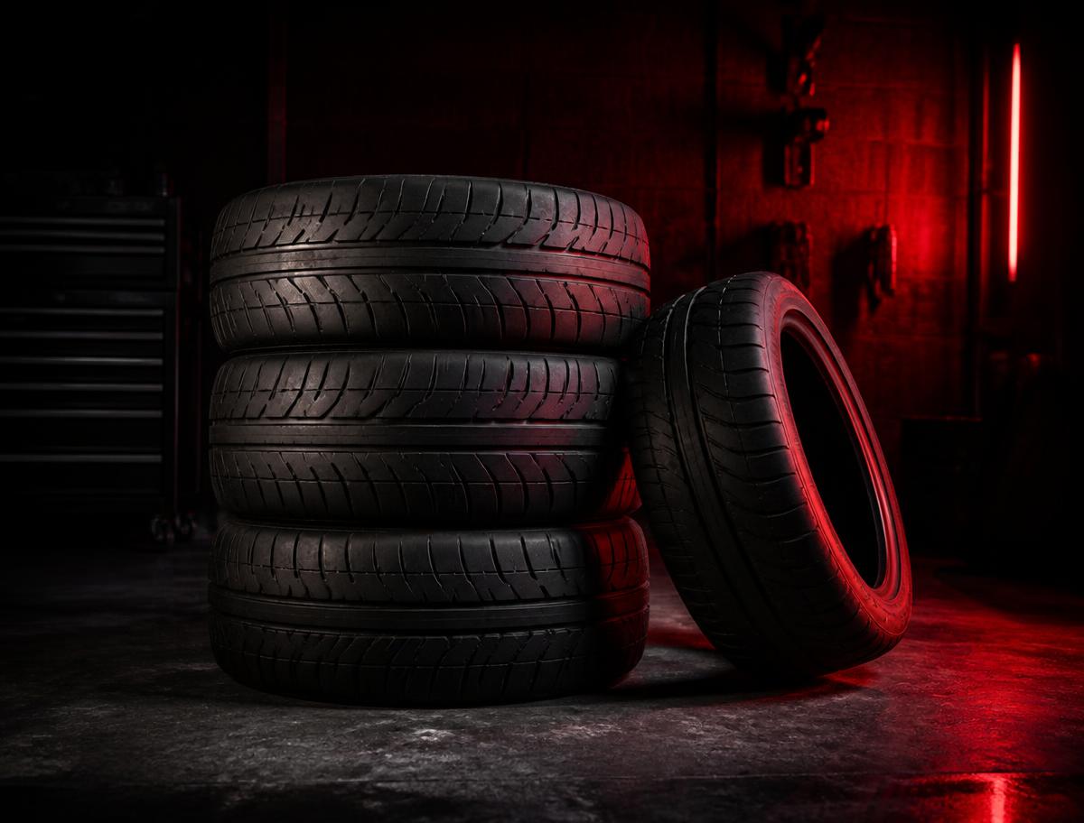Performance tires stacked in a dark garage